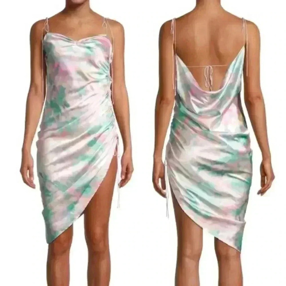 For Love & Lemons Mini Slip Dress XS Tie Dye Ruched Open Back Asymmetric Strappy - Picture 1 of 16